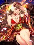  1girl artist_request bikini_top breasts brown_hair cherry_blossoms cleavage highres japanese_clothes long_hair looking_at_viewer monkey original solo 