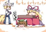  ^_^ animal_ears blonde_hair brown_hair cat_ears chen closed_eyes commentary_request dress earrings fox_ears fox_tail hammer_(sunset_beach) hands_in_sleeves hat jewelry kotatsu long_hair mob_cap multiple_tails open_mouth purple_dress short_hair smile tabard table tail touhou translation_request yakumo_ran yakumo_yukari 