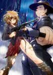  1boy 1girl ass_visible_through_thighs bandage_on_face black_legwear character_request cityscape copyright_request doumou grin gun hat injury necktie rain rifle short_hair skirt smile submachine_gun thigh-highs thighs torn_clothes torn_skirt torn_thighhighs weapon 