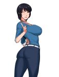 1girl ass black_hair blue_eyes breasts covered_nipples denim fatal_frame fatal_frame_3 jeans kurosawa_rei large_breasts lips lipstick looking_at_viewer makeup ml mole mole_under_eye one_eye_closed pants short_hair smile solo tight tight_pants 