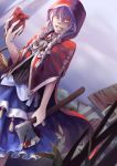  1girl axe blood bloody_clothes braid dress dutch_angle evil_grin evil_smile fang grass grin hair_tie heart_(organ) highres holding holding_heart holding_weapon hood house little_red_riding_hood little_red_riding_hood_(grimm) red_eyes smile solo twin_braids weapon white_hair xueying_hong 