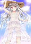  1girl dress from_below hat highres kasugano_sora long_hair outdoors red_eyes see-through silver_hair solo sundress tongtongtong white_dress yosuga_no_sora 