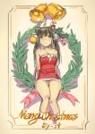  1girl animal_ears bare_shoulders black_hair breasts cat_ears christmas cleavage comic hjl long_hair original sketch solo 