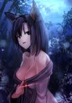  1girl animal_ears bamboo bamboo_forest breasts brooch brown_eyes brown_hair cleavage cleavage_reach dark dress fangs forest imaizumi_kagerou janne_cherry jewelry long_hair long_sleeves looking_at_viewer nature night off_shoulder open_mouth red_eyes seductive_smile solo sparkle touhou upper_body wide_sleeves wolf_ears 