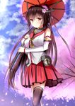  1girl absurdres asymmetrical_legwear black_legwear breasts brown_hair cherry_blossoms flower hair_flower hair_ornament highres holding_umbrella kantai_collection long_hair ponytail red_eyes solo thigh-highs tongtongtong yamato_(kantai_collection) 