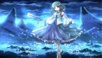  1girl bubble clouds cloudy_sky detached_sleeves frog_hair_ornament gohei green_eyes green_hair hair_ornament highres kochiya_sanae long_sleeves moonlight mountain outstretched_arms risutaru shirt skirt sky smile snake_hair_ornament solo touhou wide_sleeves 