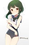  1girl brown_eyes green_hair harusawa kantai_collection ro-500_(kantai_collection)_(cosplay) short_hair solo swimsuit takanami_(kantai_collection) 