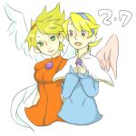  2girls angel_wings artist_request blonde_hair blush breasts breath_of_fire breath_of_fire_iv brooch crossover dress hairband jewelry multiple_girls nina_(breath_of_fire_iii) nina_(breath_of_fire_iv) short_hair single_earring skirt translation_request white_wings wings 