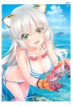  1girl :d absurdres animal_ears bikini blue_bikini blush breasts clouds crab goggles goggles_around_neck green_eyes happoubi_jin highres holding island long_hair looking_at_viewer ocean open_mouth parted_lips scan side-tie_bikini silver_hair sky smile solo striped striped_bikini striped_swimsuit swimsuit tail tiger_ears tiger_tail topless toranoana wading water wet 