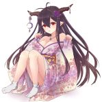  1girl antenna_hair breasts cleavage danua floral_print granblue_fantasy hair_between_eyes highres horn_ornament horns large_breasts long_hair looking_at_viewer open_mouth pointy_ears purple_hair red_eyes ririnya00 sitting sleeves_past_wrists solo thighs wide_sleeves 