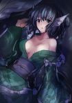  1girl blue_eyes blue_hair breasts collarbone floral_print head_fins janne_cherry japanese_clothes kimono looking_at_viewer mermaid monster_girl obi off_shoulder open_clothes open_kimono sash solo touhou wakasagihime 
