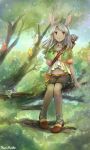  1girl animal_ears bird bow_(weapon) dark_skin final_fantasy final_fantasy_xii kari_avalon looking_at_viewer outdoors rabbit_ears red_eyes silver_hair smile solo tree viera weapon 