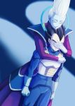  2boys armor black_hair blue_skin clenched_hands closed_eyes covering_eyes crying dark dragon_ball dragon_ball_super fuoore_(fore0042) gloves hug hug_from_behind lipstick makeup male_focus multiple_boys purple_lipstick robe spiky_hair streaming_tears tears vegeta violet_eyes whis white_gloves white_hair widow&#039;s_peak 