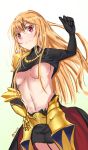  1girl armor blonde_hair blush breasts fate/stay_night fate_(series) gilgamesh highres i.f.s.f long_hair red_eyes simple_background solo twitter_username type-moon under_boob white_background 
