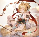  anchira aos_libido bare_shoulders blonde_hair brown_eyes clouds detached_sleeves granblue_fantasy staff thigh-highs 