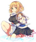  1girl 3: alternate_hairstyle arm_warmers blonde_hair blush braid covered_nipples dated earrings green_eyes iroyopon jewelry looking_at_viewer mizuhashi_parsee partially_submerged pointy_ears scarf shirt short_hair short_sleeves signature simple_background skirt solo touhou vest white_background 