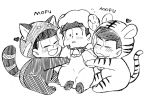  3boys :3 animal_costume atarime bell bell_collar blush brothers chibi closed_eyes collar heart hug male_focus matsuno_choromatsu matsuno_karamatsu matsuno_osomatsu monochrome multiple_boys osomatsu-kun osomatsu-san sheep_costume siblings sketch smile tanuki_costume tiger_costume tiger_print triangle_mouth 