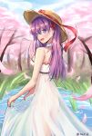  1girl breasts cherry_blossoms fate/stay_night fate_(series) hat highres i.f.s.f long_hair matou_sakura purple_hair sideboob solo strapless straw_hat twitter_username type-moon violet_eyes wading water 