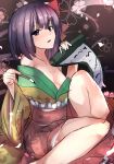  1girl bare_shoulders calligraphy_brush collarbone dress hair_ornament hieda_no_akyuu janne_cherry japanese_clothes kimono long_sleeves looking_at_viewer off_shoulder paintbrush purple_dress scroll sitting solo touhou violet_eyes wide_sleeves 