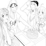  2boys 2girls admiral_(kantai_collection) apron blush breasts chikuma_(kantai_collection) clenched_teeth dj edm greyscale hands_on_own_chest headphones jacket kantai_collection military military_uniform monochrome multiple_boys multiple_girls open_mouth original ponytail salute shirt sketch smile taigei_(kantai_collection) uniform v wangphing 