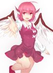  1girl animal_ears bird_wings dress juliet_sleeves long_sleeves masa07240 mystia_lorelei no_hat open_mouth outstretched_hand pink_dress pink_eyes pink_hair puffy_sleeves shirt smile solo standing_on_one_leg touhou wings 
