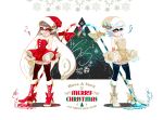  2girls aori_(splatoon) boots christmas domino_mask fangs hat hotaru_(splatoon) inkling long_hair mask miniskirt multiple_girls pantyhose pointy_ears santa_costume santa_hat seto_(asils) skirt smile snowflakes splatoon tentacle_hair 