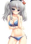  1girl bikini blue_eyes blush breast_hold breasts cleavage clenched_hands collarbone contrapposto cowboy_shot front-tie_bikini front-tie_top highres kantai_collection kashima_(kantai_collection) large_breasts licking_lips looking_at_viewer naughty_face side-tie_bikini silver_hair simple_background smile solo subaru_(794829485) swimsuit tongue tongue_out twintails white_background 