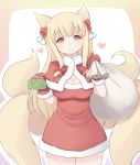  1girl animal_ears blonde_hair blush breasts cleavage fox_ears fox_tail gloves heart incoming_gift long_hair looking_at_viewer multiple_tails ryokuchaism shikihime_zoushi smile solo tail 