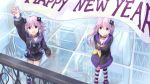  2girls adult_neptune blush breasts d-pad hair_ornament happy_new_year hooded_track_jacket long_hair looking_at_viewer multiple_girls nepgear neptune_(series) new_year open_mouth purple_hair shinsoyori smile striped striped_legwear thigh-highs violet_eyes 