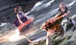  2girls barefoot blue_eyes brown_hair chain clouds flower flying hair_flower hair_ornament hairband highres instrument_request long_hair long_sleeves looking_at_viewer multiple_girls musical_note playing_instrument purple_hair red_eyes ryosios scenery short_hair smile staff_(music) touhou treble_clef tsukumo_benben tsukumo_yatsuhashi 