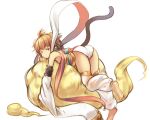  1girl anchira ass barefoot brown_hair chinese_clothes clouds dengliziti detached_sleeves granblue_fantasy looking_back lying on_stomach one_eye_closed red_eyes see-through short_hair solo tagme tail thigh-highs waking_up 