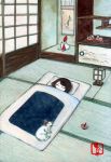  1girl bird black_hair cat chicken closed_eyes futon hanging_scroll lantern no_nose original paper_lantern pillow shouji signature sleeping sliding_doors solo spinning_top tatami torii_(futebute) 