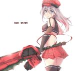  1girl alisa_ilinichina_amiella blue_eyes boots breasts elbow_gloves fingerless_gloves gloves god_eater god_eater_burst hat holding holding_sword holding_weapon long_hair looking_at_viewer minato_satoi navel pantyhose silver_hair simple_background skirt solo suspender_skirt suspenders sword thigh-highs thigh_boots under_boob weapon white_background 
