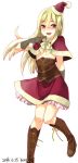  1boy afuro_terumi blonde_hair blush boots crossdressinging gloves hat inazuma_eleven inazuma_eleven_(series) kona_(silent913) long_hair male_focus otoko_no_ko red_eyes santa_hat skirt smile solo very_long_hair 