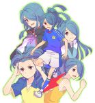  1boy alternate_hairstyle blue_hair brown_eyes collage hair_down hair_over_one_eye hairband inazuma_eleven inazuma_eleven_(series) kazemaru_ichirouta long_hair male_focus shiho_(pixiv) short_hair smile soccer_uniform solo sportswear 