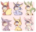  6+boys :3 animal_costume bangs black_eyes black_hair blunt_bangs blush brothers chibi closed_mouth cosplay espeon espeon_(cosplay) eyebrows eyebrows_visible_through_hair flareon flareon_(cosplay) frown full_body half-closed_eyes heart heart_in_mouth jolteon jolteon_(cosplay) korokorone310 leafeon leafeon_(cosplay) looking_at_viewer male_focus matsuno_choromatsu matsuno_ichimatsu matsuno_juushimatsu matsuno_karamatsu matsuno_osomatsu matsuno_todomatsu multiple_boys osomatsu-kun osomatsu-san pink_background pokemon sextuplets siblings simple_background sitting sylveon sylveon_(cosplay) vaporeon vaporeon_(cosplay) wariza 