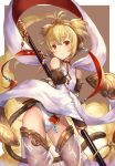  1girl anchira animal_ears blonde_hair breasts brown_eyes detached_sleeves granblue_fantasy hair_between_eyes hair_ornament hairband highres looking_at_viewer maruyama-jp monkey_tail short_hair solo staff tail thigh-highs two_side_up white_clothes white_legwear wide_sleeves 