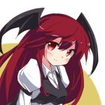  1girl blush head_wings juliet_sleeves koakuma leaning_forward long_hair long_sleeves looking_at_viewer lowres puffy_sleeves red_eyes redhead ryogo simple_background smile solo touhou two-tone_background upper_body vest 