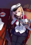  1girl absurdres airplane blonde_hair blue_eyes capelet cup fairy_(kantai_collection) gloves graf_zeppelin_(kantai_collection) hat hfp～kubiao highres kantai_collection long_hair peaked_cap skirt solo teacup twintails uniform 