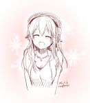  1girl blush breasts cleavage closed_eyes headphones large_breasts lineart long_hair merryhachi nitroplus open_mouth smile solo super_sonico 
