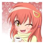  1girl :d chibi christmas coffee coffee_mug eyebrows eyebrows_visible_through_hair fang hair_ornament hairclip highres lamia long_hair miia_(monster_musume) monster_girl monster_musume_no_iru_nichijou one_eye_closed open_mouth pointy_ears portrait redhead slit_pupils smile solo staticwave steam white_border yellow_eyes 