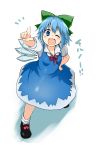  1girl blue_dress blue_eyes blue_hair bow cirno dress fangs hair_bow highres ice ice_wings looking_at_viewer monrooru one_eye_closed open_mouth pointing pointing_at_viewer puffy_short_sleeves puffy_sleeves shirt short_sleeves smile solo touhou wings 