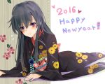  1girl 2016 black_hair hair_ribbon happy_new_year japanese_clothes kimono long_hair new_year ribbon sweatdrop tama_(05728) yahari_ore_no_seishun_lovecome_wa_machigatteiru. yukinoshita_yukino 