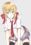  1girl ahoge artist_request bent_over blonde_hair fate/extra fate/stay_night fate_(series) green_eyes hair_ribbon highres necktie pocket ribbon saber_extra simple_background sketch smile solo thigh-highs 