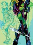  1girl dagger flat_chest gamora green_skin guardians_of_the_galaxy gun hair_ribbon marvel otto_schmidt ribbon solo twintails weapon 