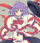  1girl ascot blush capelet dated flying_sweatdrops frills grey_background hat hat_removed hat_ribbon headwear_removed iroyopon long_sleeves looking_down nagae_iku open_mouth purple_hair red_eyes ribbon shawl shirt short_hair signature simple_background skirt solo touhou upper_body 