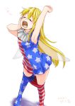  1girl american_flag_legwear american_flag_shirt arm_up armpits blonde_hair closed_eyes clownpiece fairy_wings highres long_hair monrooru no_hat open_mouth pantyhose pantyhose_pull solo stretch thighs touhou very_long_hair wings yawning 
