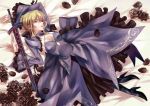  1girl artist_request black_rose blonde_hair breasts cleavage dark_excalibur dress fate/stay_night fate_(series) flower high_heels rose saber saber_alter solo yellow_eyes 