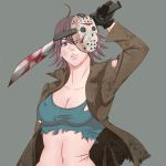  1girl ahoge blood breasts brown_hair cleavage dirty friday_the_13th genderswap highres hockey_mask iru_(carnage6) jacket jason_voorhees lavender_eyes lipstick machete makeup midriff navel neck one_eye_covered purple_lipstick scratches solo torn_clothes upper_body 