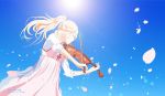  1girl blonde_hair closed_eyes instrument miyazono_kawori petals ponytail sanaa shigatsu_wa_kimi_no_uso solo sun violin violin_bow watermark 
